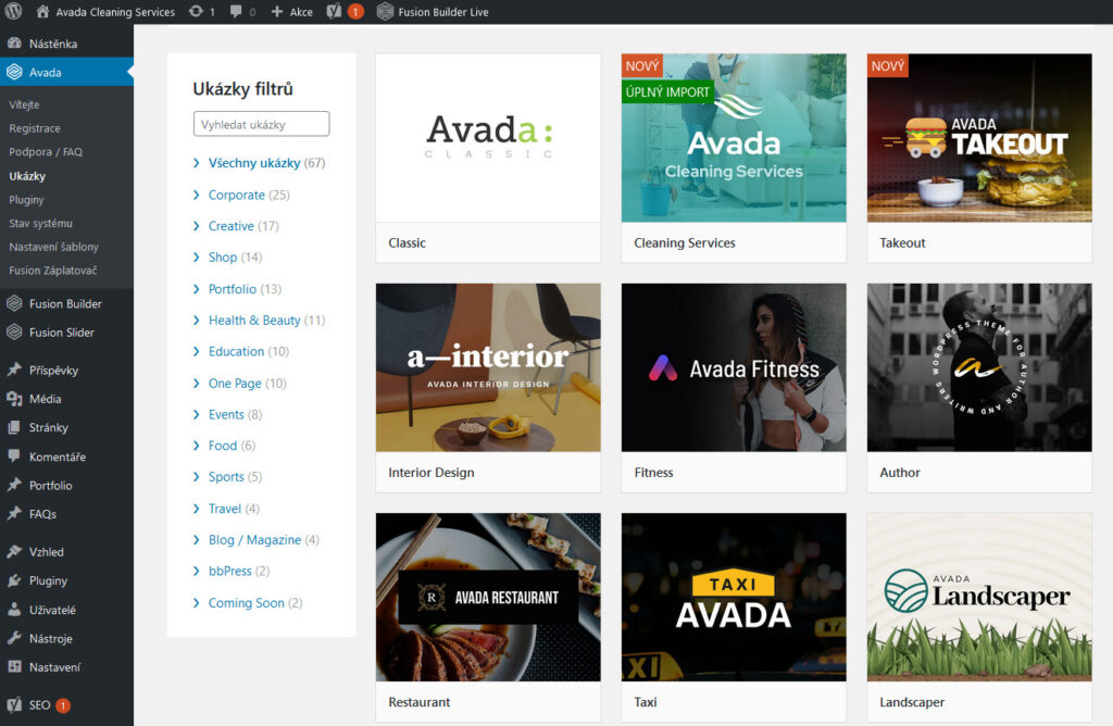 Avada WordPress Sablona Starter Templates