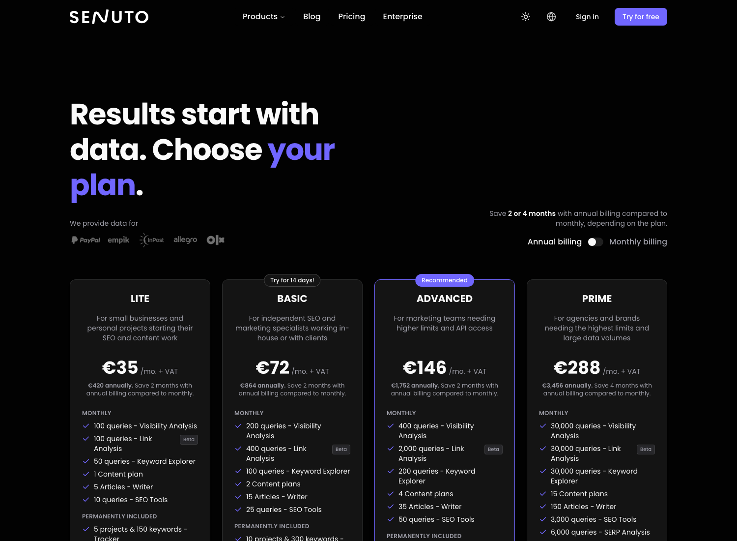 Aktuálny cenník Senuto (august 2026) – tarify Lite, Basic, Advanced a Prime