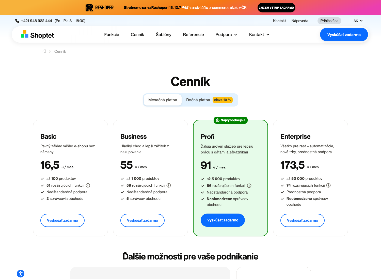 Aktuálny cenník Shoptet (august 2026) – tarify Basic, Business, Profi a Enterprise