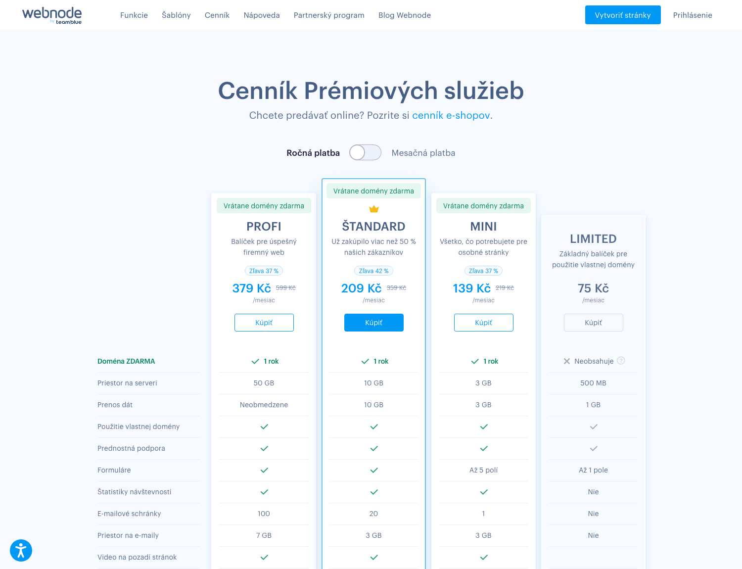 Aktuálny cenník Webnode (august 2026) – balíčky Limited, Mini, Štandard a Profi