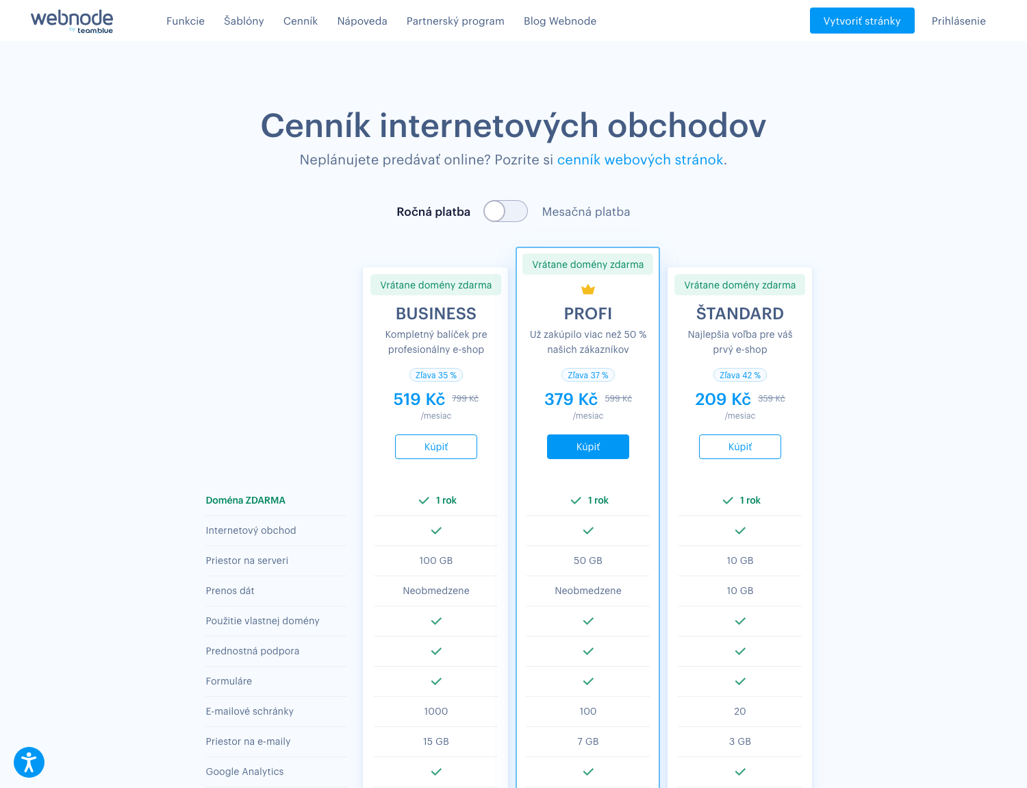 Aktuálny cenník Webnode e-shopov (august 2026) – balíčky Štandard, Profi a Business