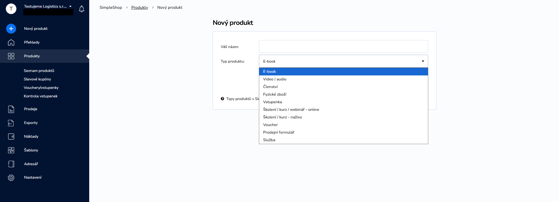 Výber typu produktu pri vytváraní produktu v SimpleShop