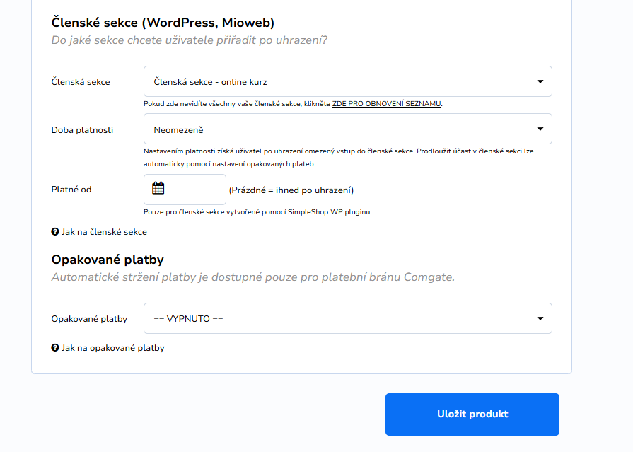 Prepojenie produktu s členskou sekciou a opakované platby v SimpleShop