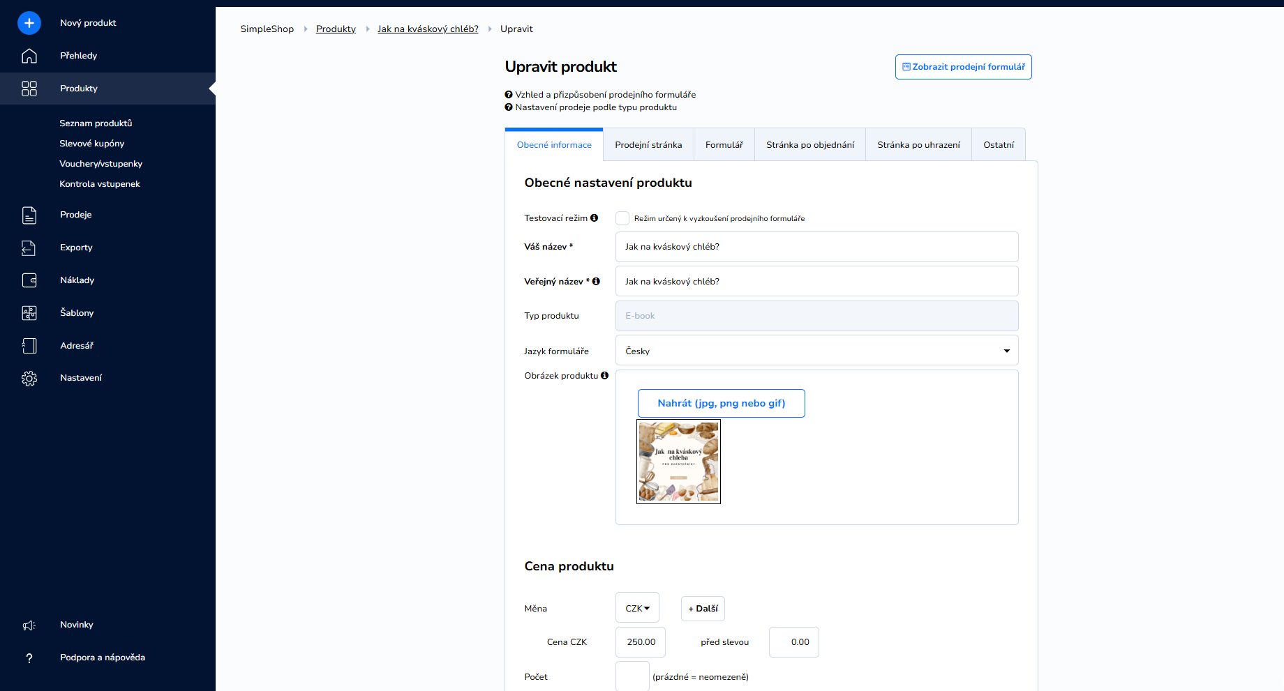 Všeobecné nastavenie produktu v administrácii SimpleShop