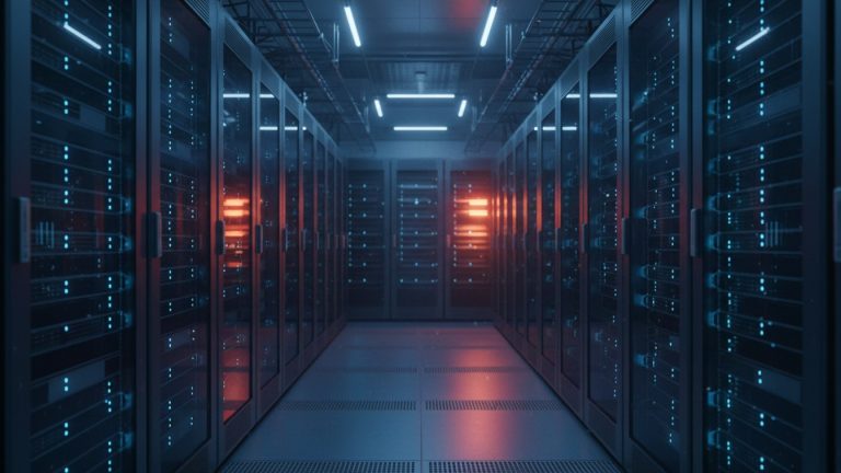 Ulička dátového centra so servermi, jeden rack svieti na červeno