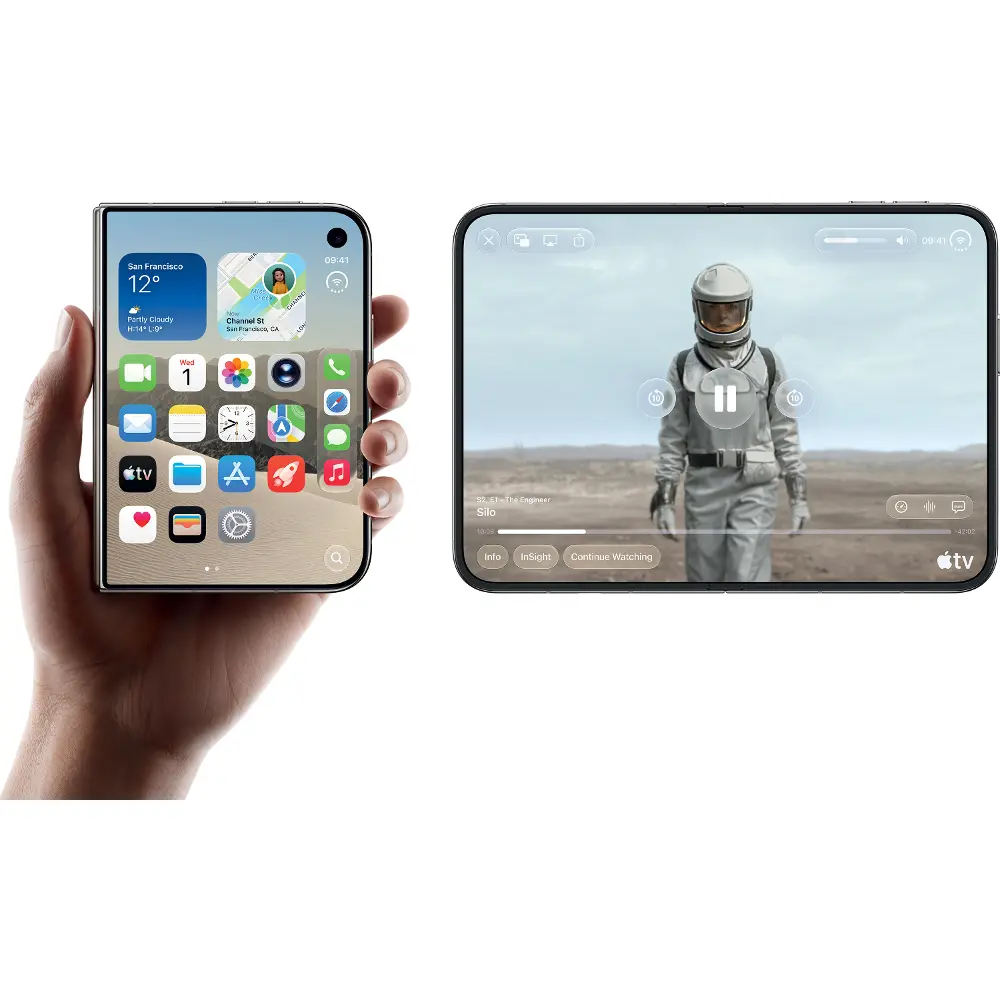 iPhone Duo zatvorený v ruke s domovskou obrazovkou a rozložený s prehrávaným videom