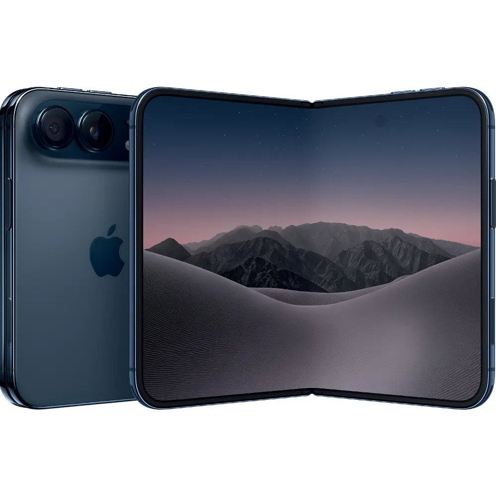 Skladací Apple iPhone Duo zozadu a s rozloženým vnútorným displejom