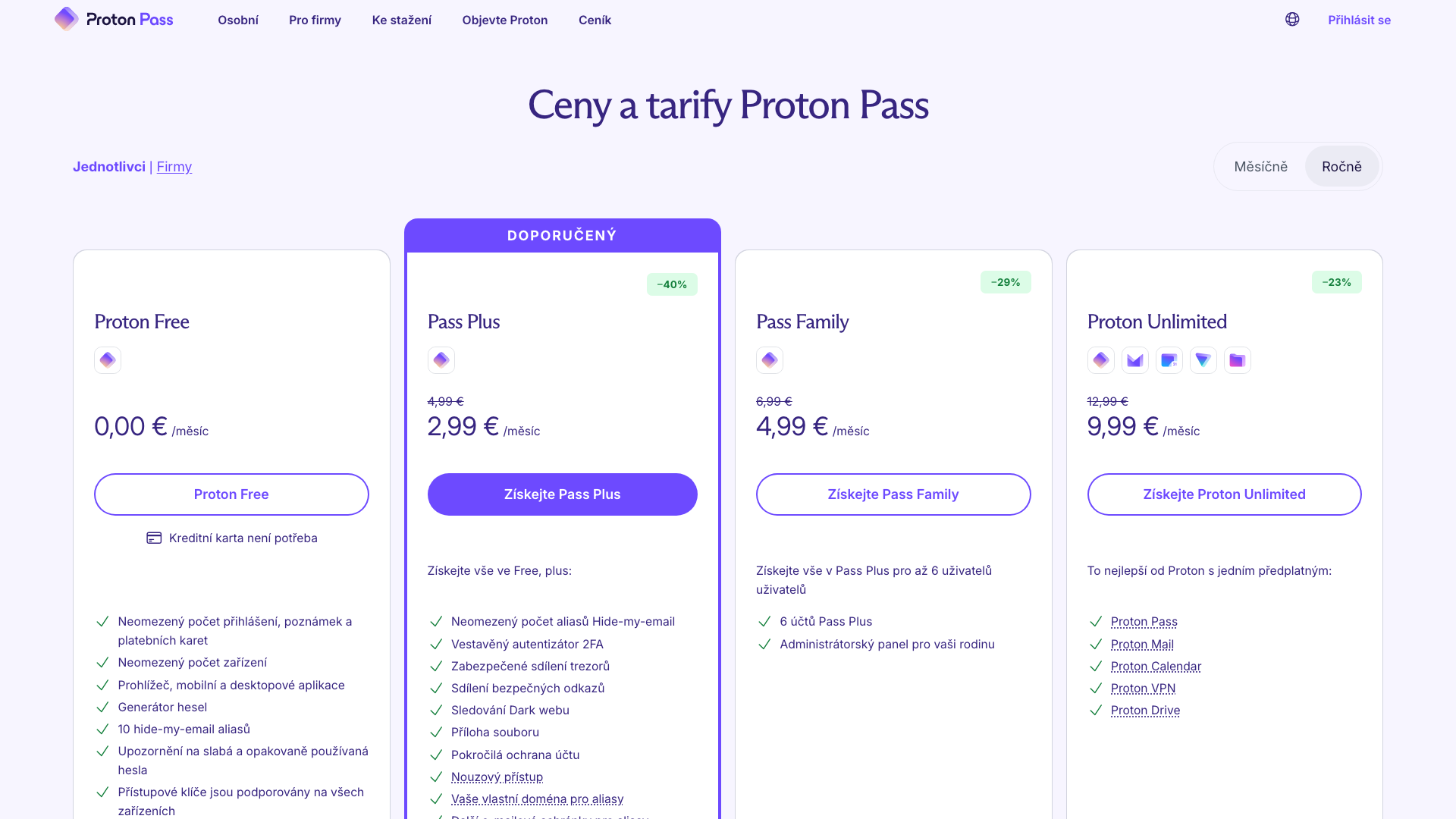 Cenník Proton Pass